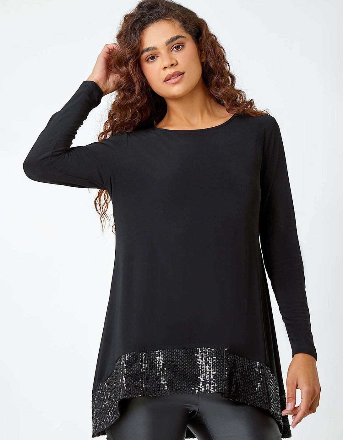 Sequin Hem Stretch Tunic Top - Black, 2 of 1