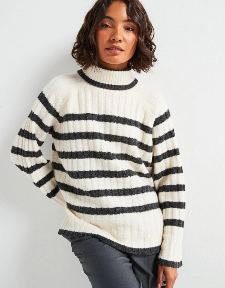 High Neck Stripe Jumper - Beige