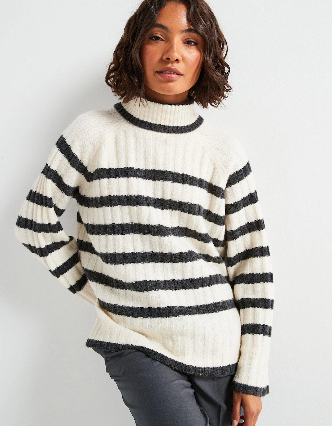 High Neck Stripe Jumper - Beige, 7 of 6