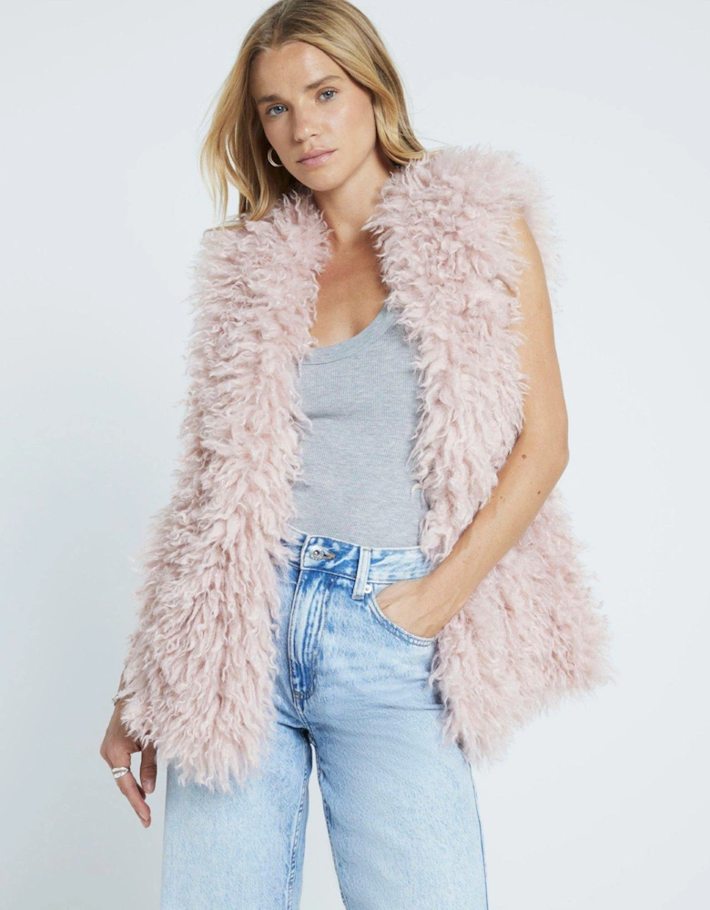 Faux Fur Long Shabby Gilet - Light Pink