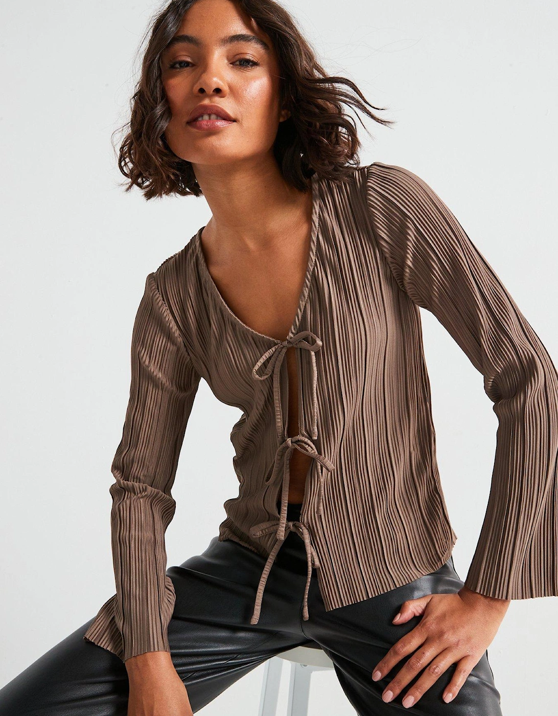 Long Sleeve Tie Pleat Top - Brown, 5 of 4