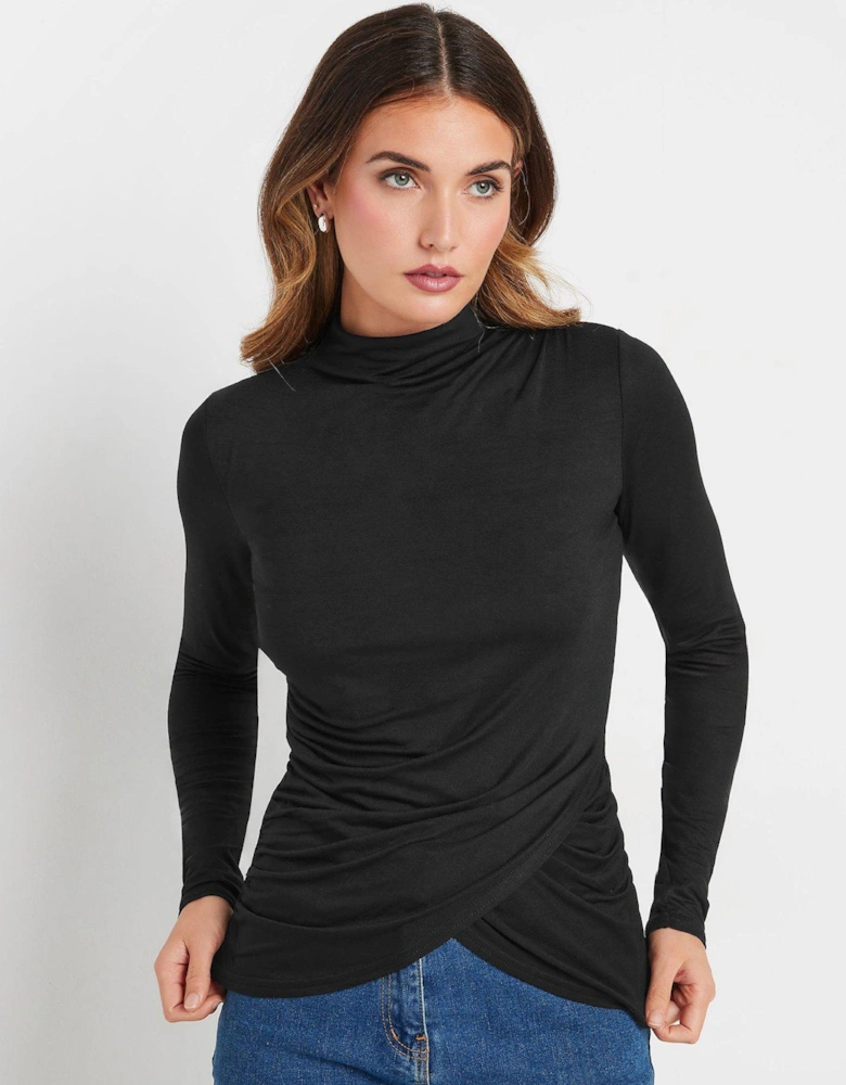 High Neck Drape Ruched Top - Black