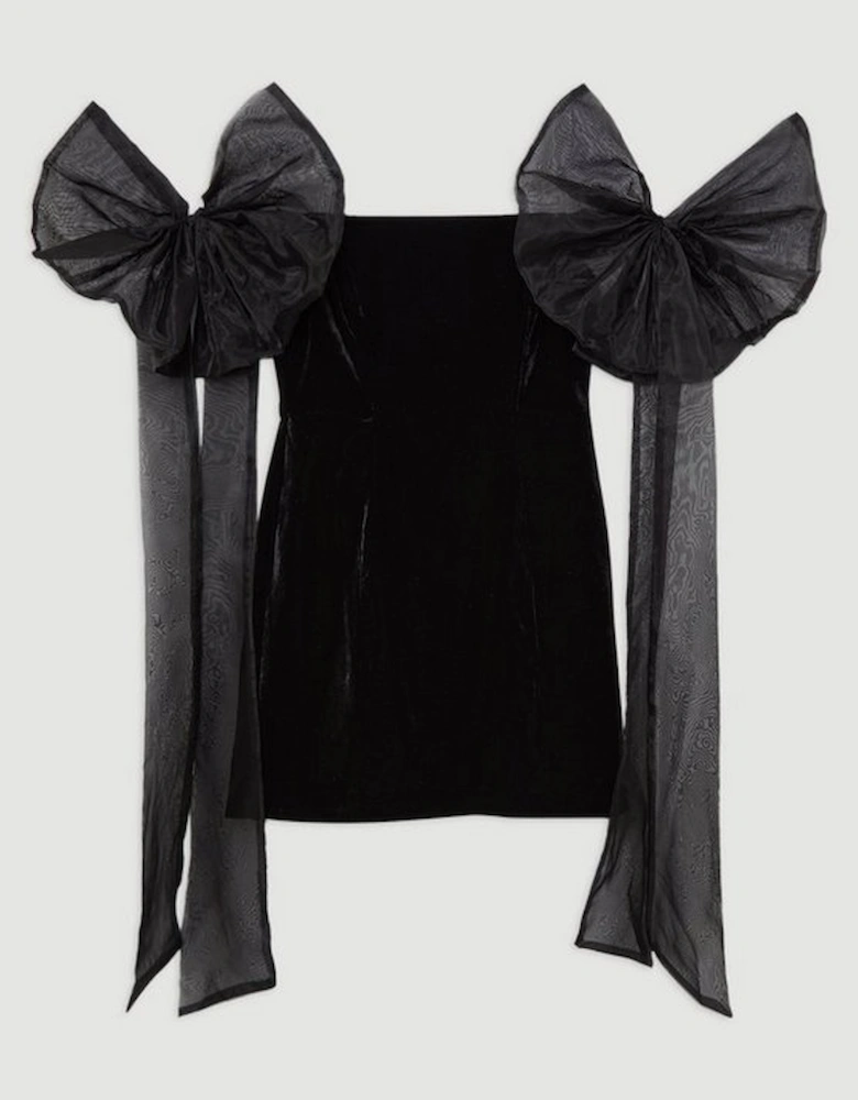 Velvet Bardot Woven Mini Dress With Taffeta Bow Sleeve Detail