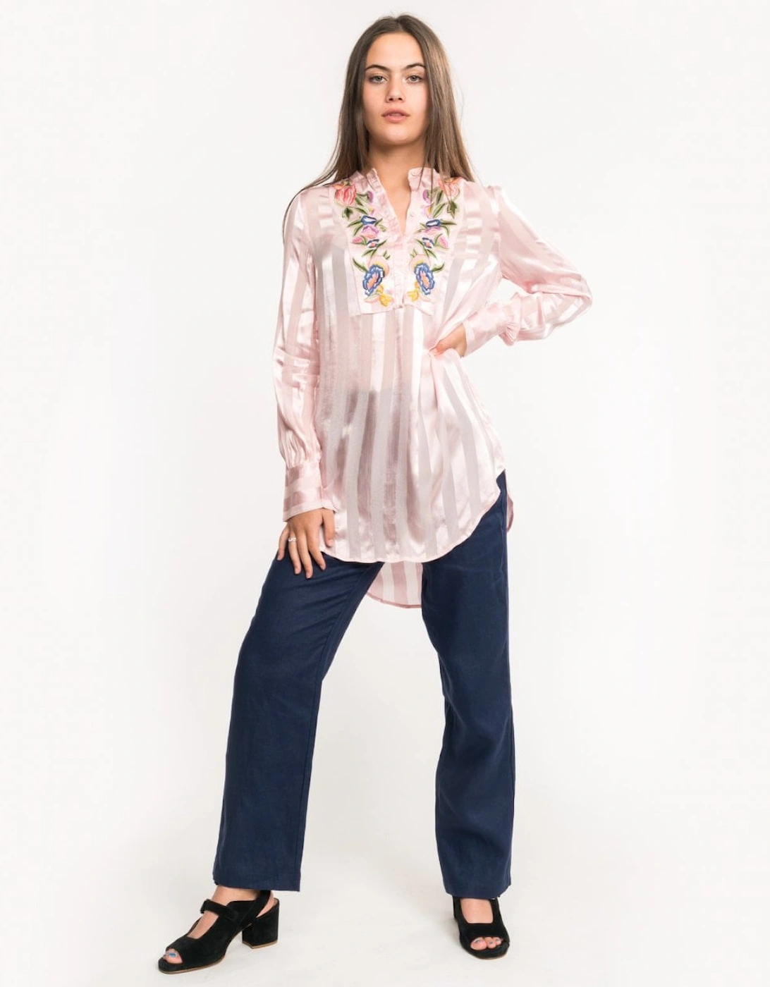 Katalina Striped Floral Embroidered Blouse