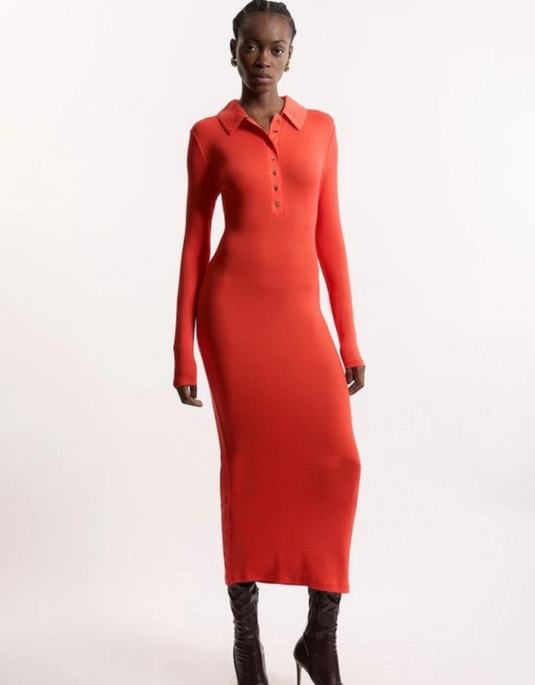 Viscose Rib Jersey Long Sleeve Collared Midi Dress