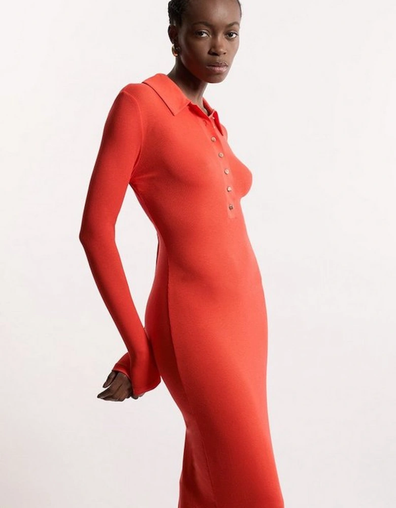 Viscose Rib Jersey Long Sleeve Collared Midi Dress