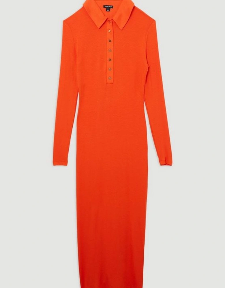 Viscose Rib Jersey Long Sleeve Collared Midi Dress