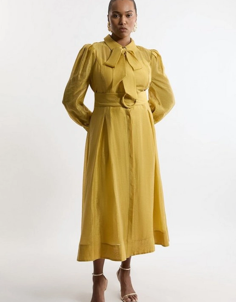 Plus Size Linen Blend Organdie Woven Pussybow Midaxi Dress