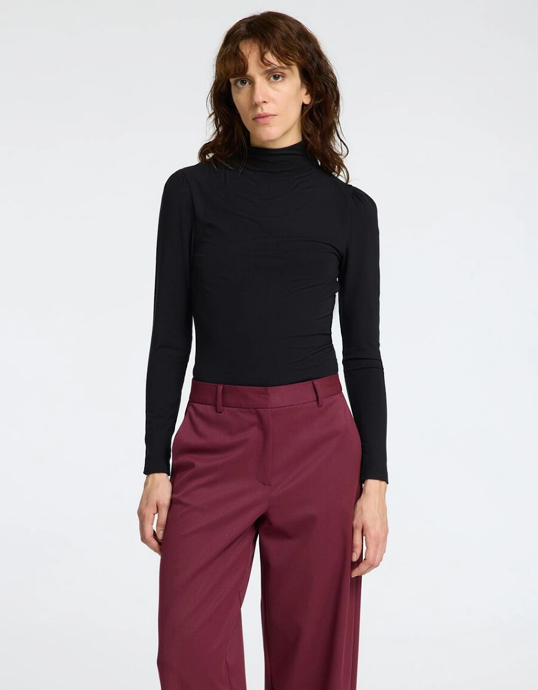 Femme Manja Long Sleeve Drapey High Neck Top Black, 6 of 5
