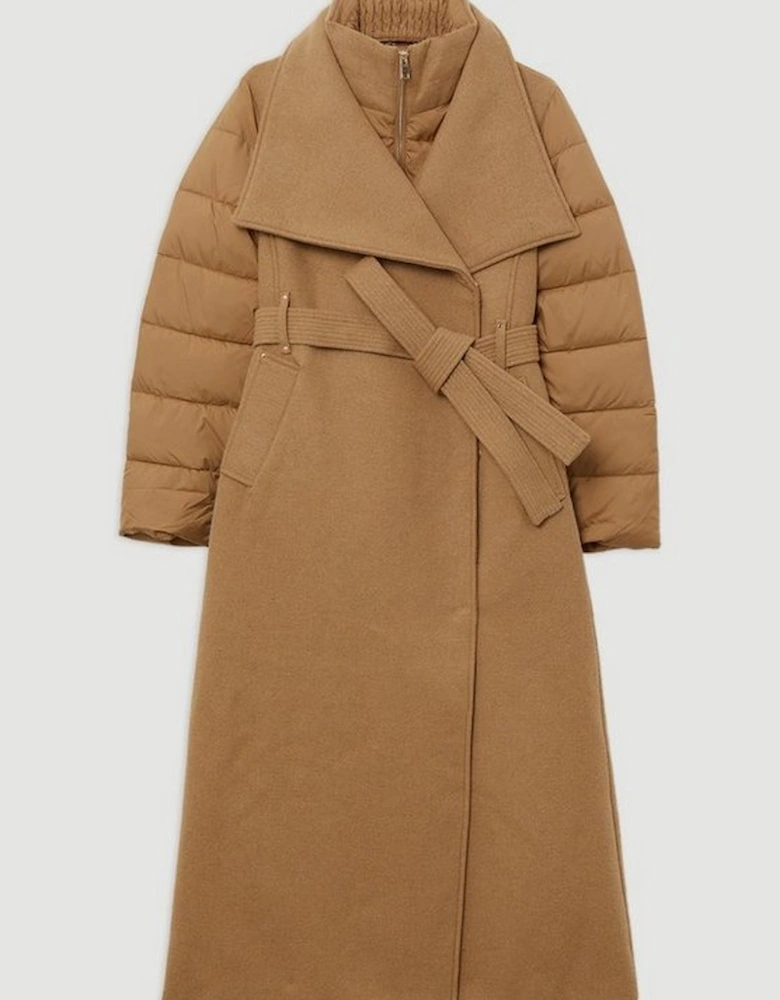 Wool Blend Hybrid Puffer Belted Midi Coat