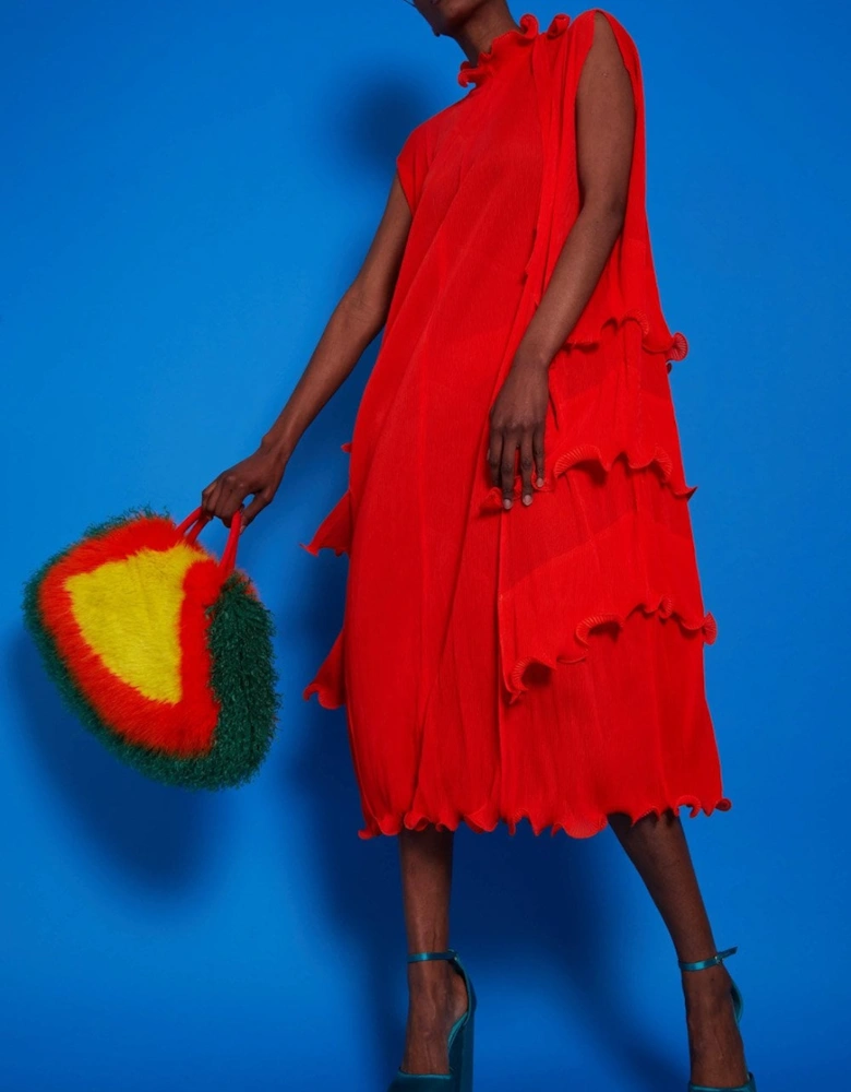 Pleated Maxi Dress with Adjustable Shoulders and Ruffle Hem