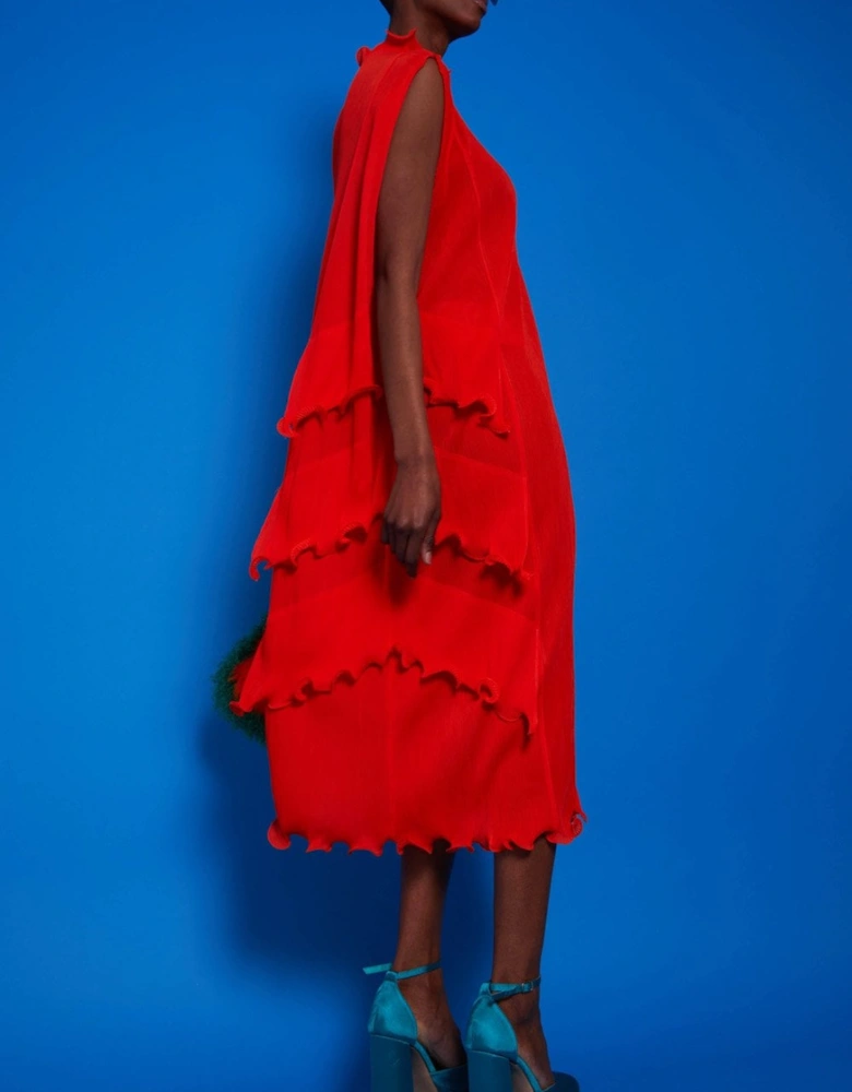 Pleated Maxi Dress with Adjustable Shoulders and Ruffle Hem