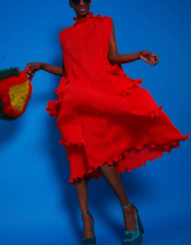 Pleated Maxi Dress with Adjustable Shoulders and Ruffle Hem