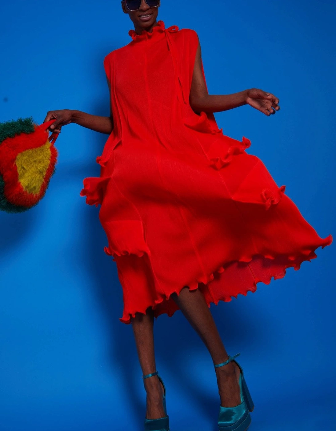 Pleated Maxi Dress with Adjustable Shoulders and Ruffle Hem, 4 of 3