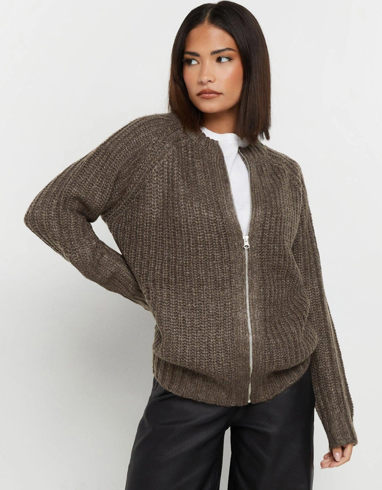 Petite Knitted Bomber - Brown