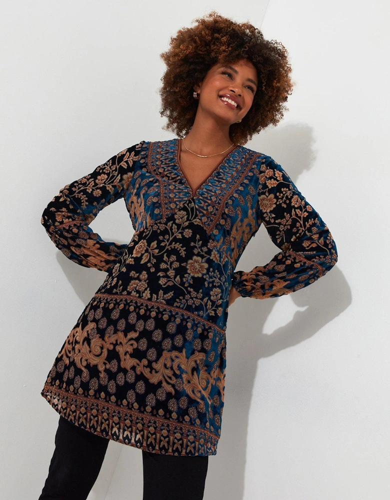 Contrast Print Tunic - Teal - Blue