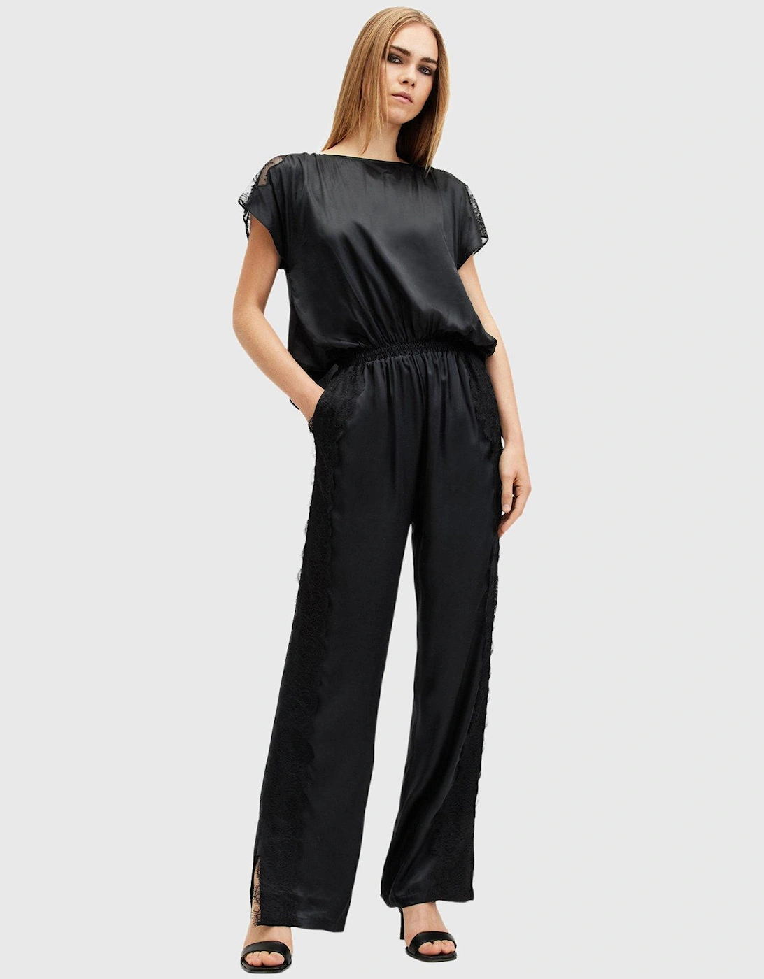 Mari Silk Blend Lace Trim Jumpsuit - Black, 7 of 6