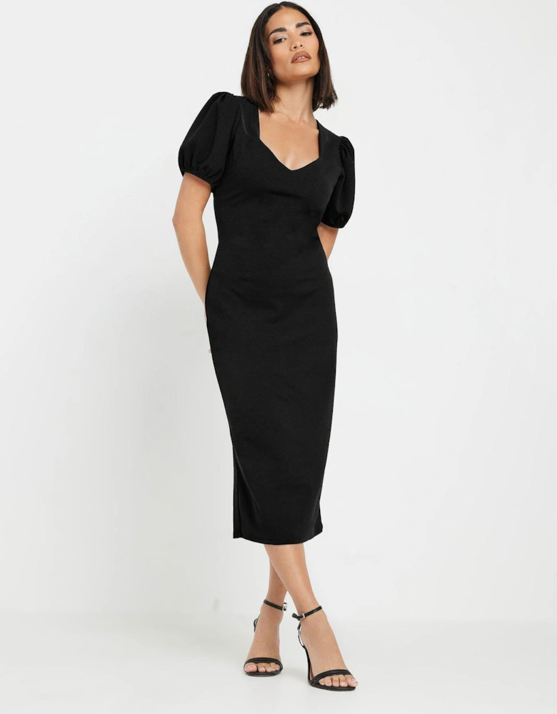 Petite Puff Sleeve Midi Dress - Black