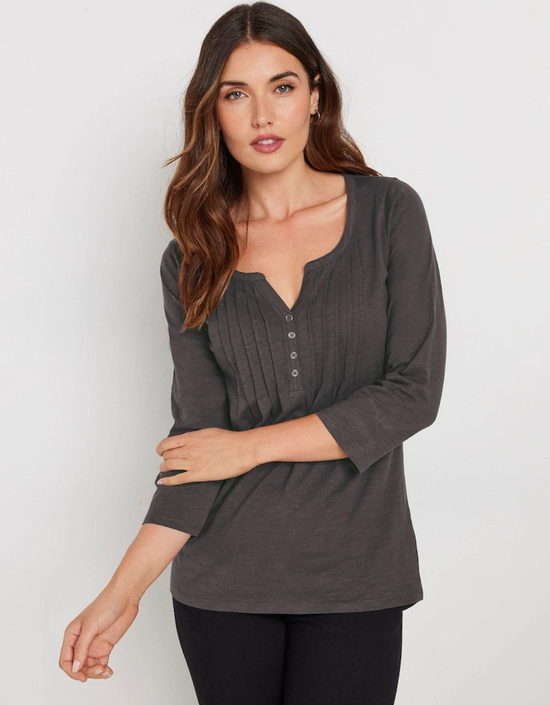 3/4 Sleeve Pintuck Top - Grey