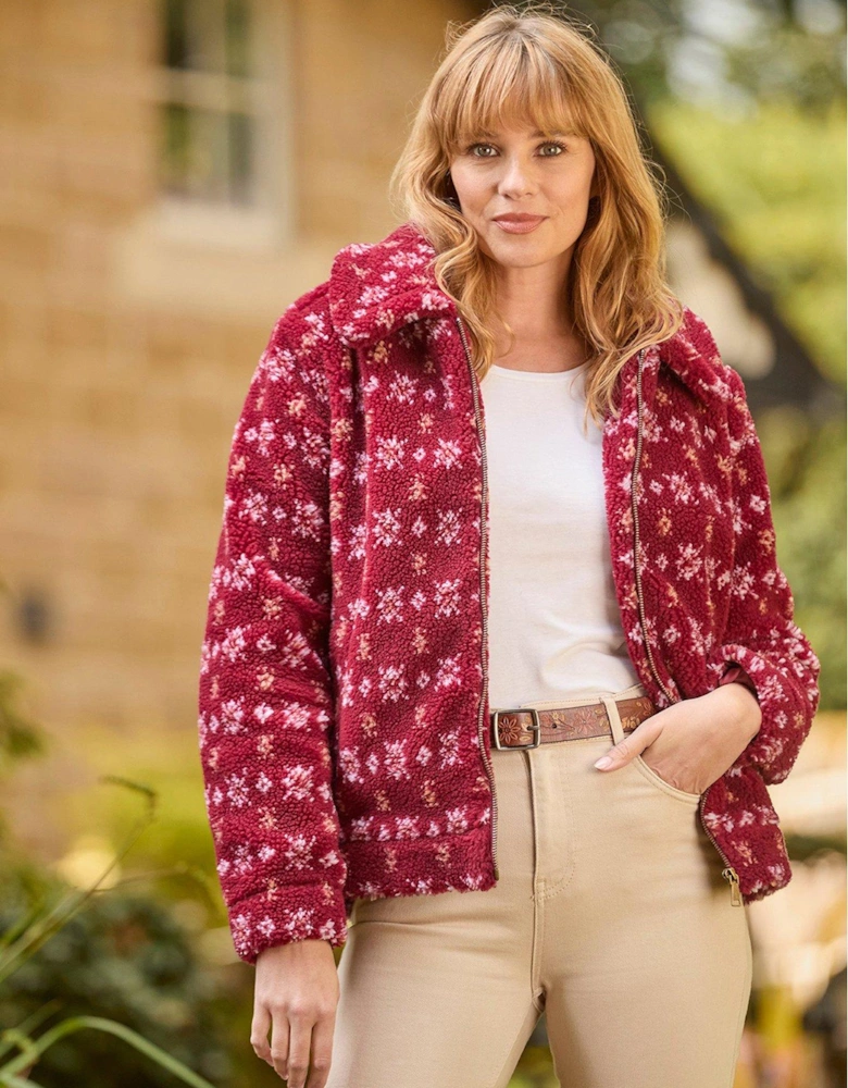 Patterned Fleece Jacket - Dark Red