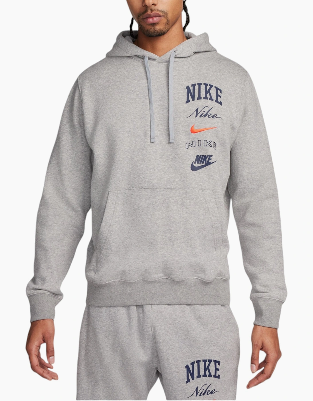 Nike Men's Grey Fn2635 Fleece Hoodie Varsity Stacked Long Sleeve Swoosh Pullover Hoody - Size: 36