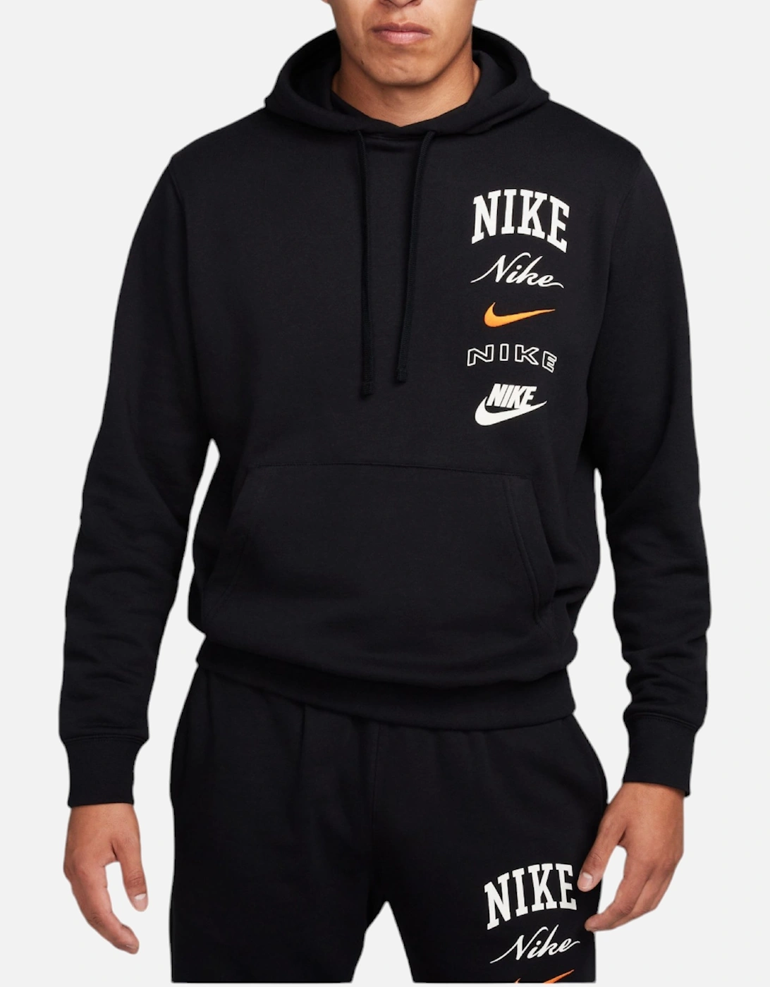 Nike Men's Black Fn2635 Fleece Hoodie Varsity Stacked Long Sleeve Swoosh Pullover Hoody - Size: 36