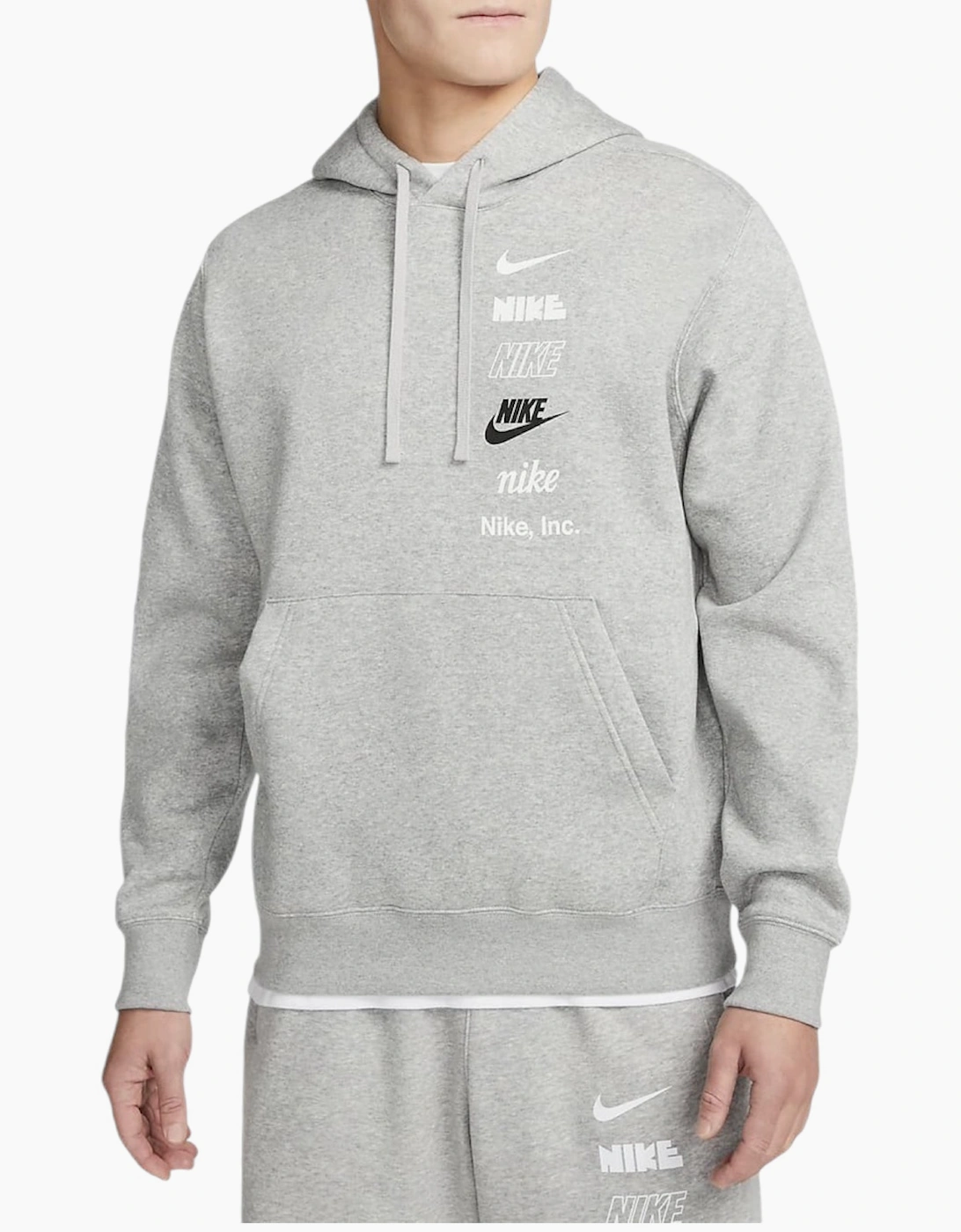 Nike Men's NIKE DX0783 Mens Fleece Hoodie Club BB Stacked Long Sleeve Swoosh Pullover Hoody - Grey