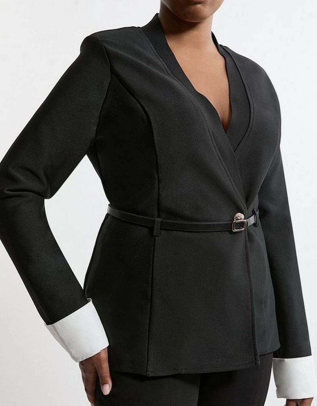 Plus Size Figure Form Bandage Knit Woven Cuff And Belted Jacket