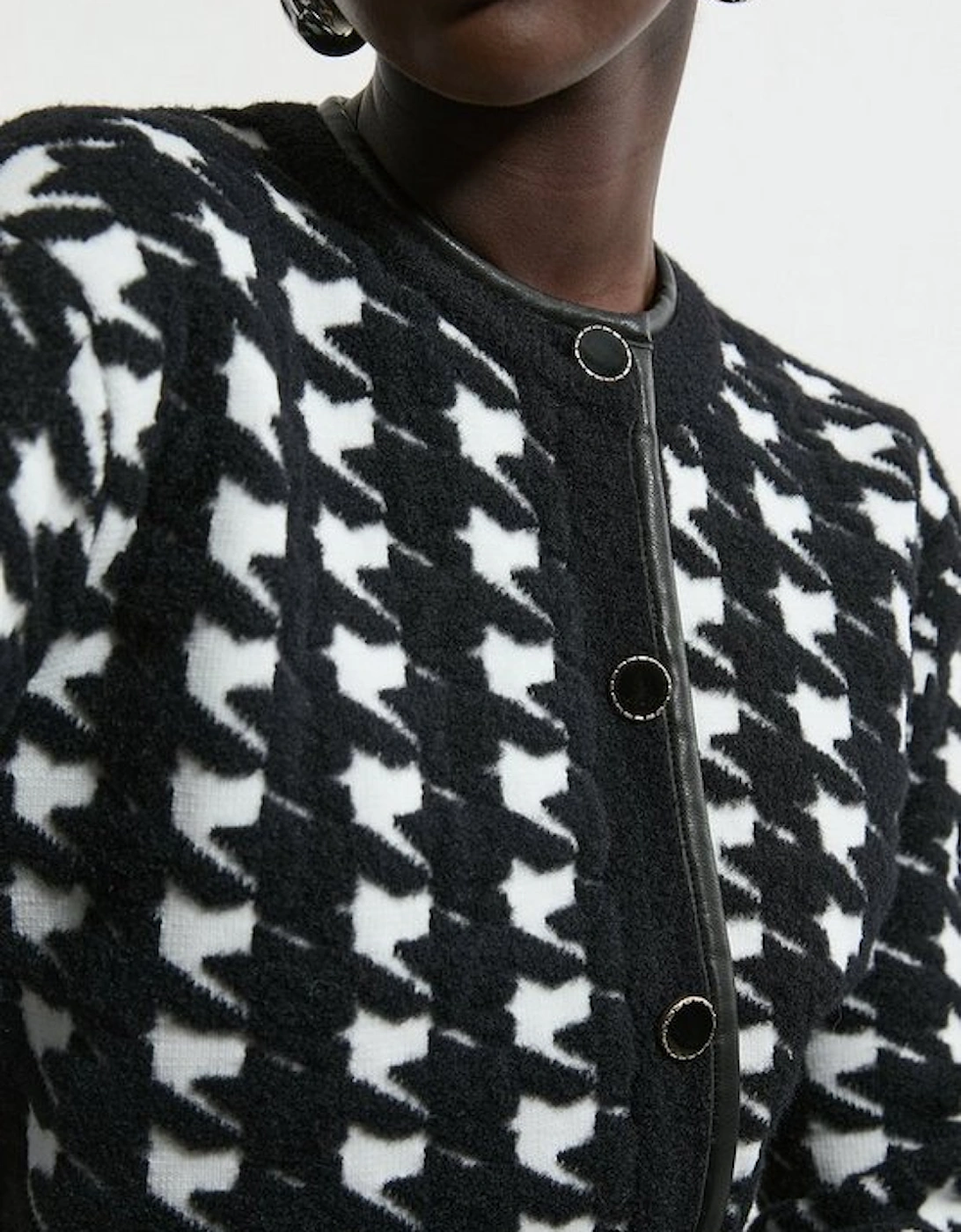 Boucle Jacquard Dogtooth Knit Pu Trim Jacket