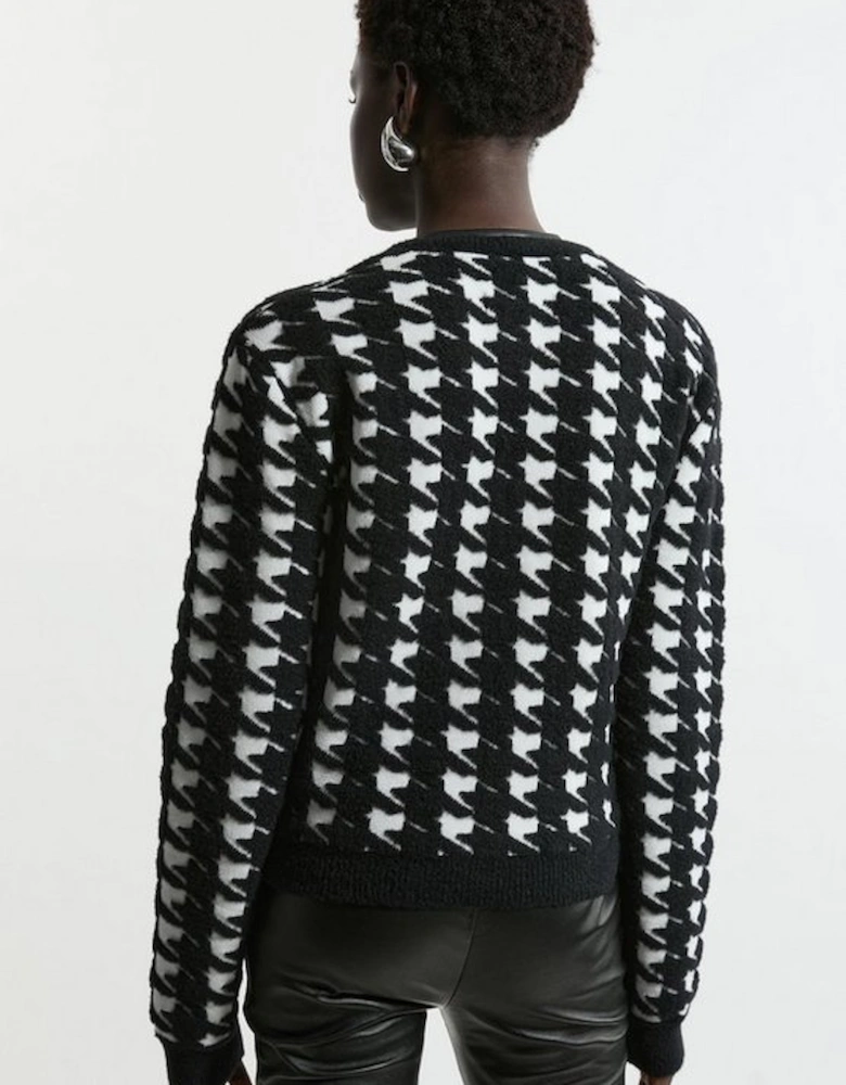 Boucle Jacquard Dogtooth Knit Pu Trim Jacket