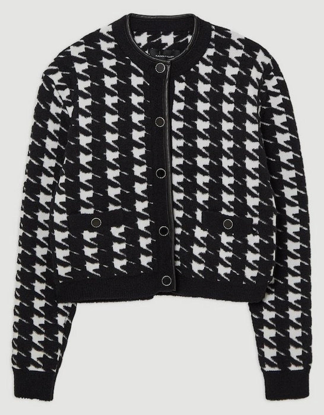 Boucle Jacquard Dogtooth Knit Pu Trim Jacket