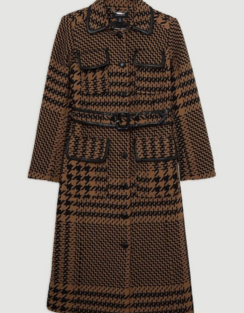 Houndstooth Check Pocket Detail Belted Pu Tipped Tailored Midi Coat