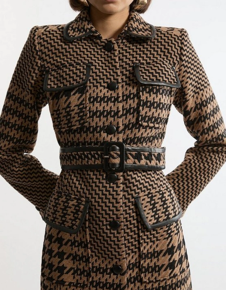 Houndstooth Check Pocket Detail Belted Pu Tipped Tailored Midi Coat