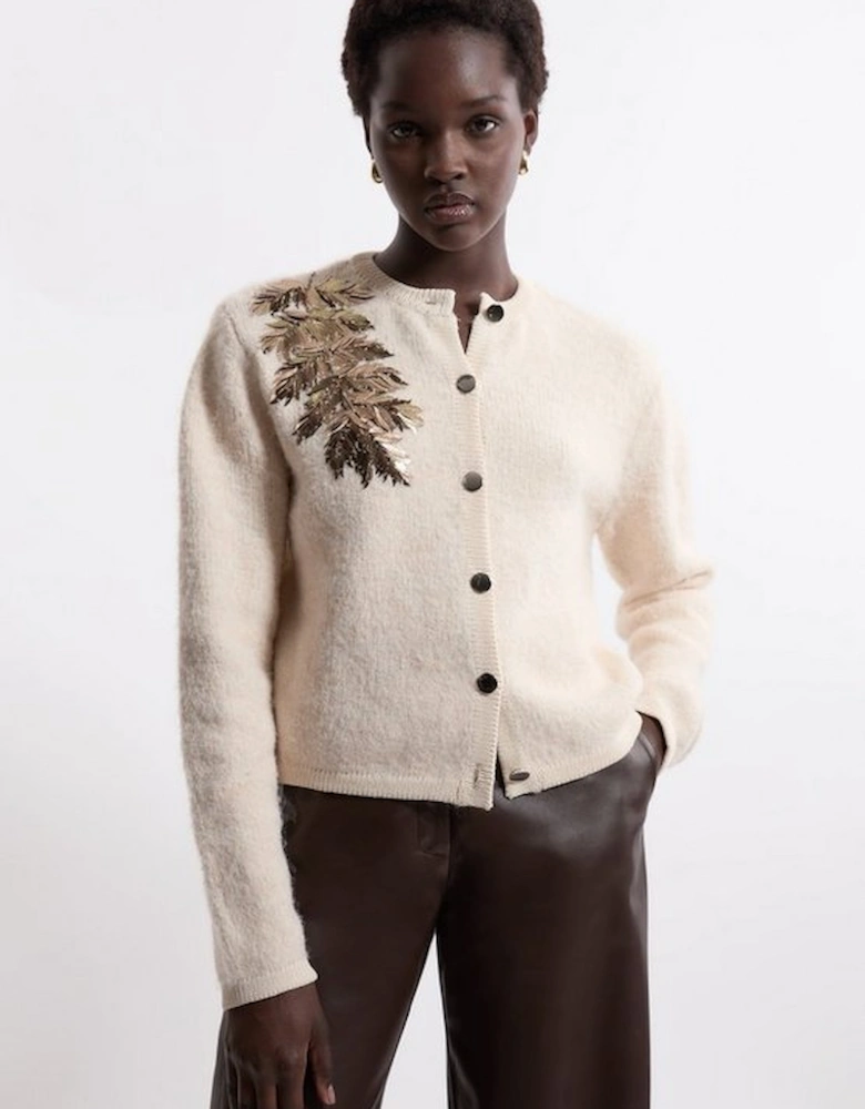 Wool Blend Knit Cardi With Placement Sequin Motif