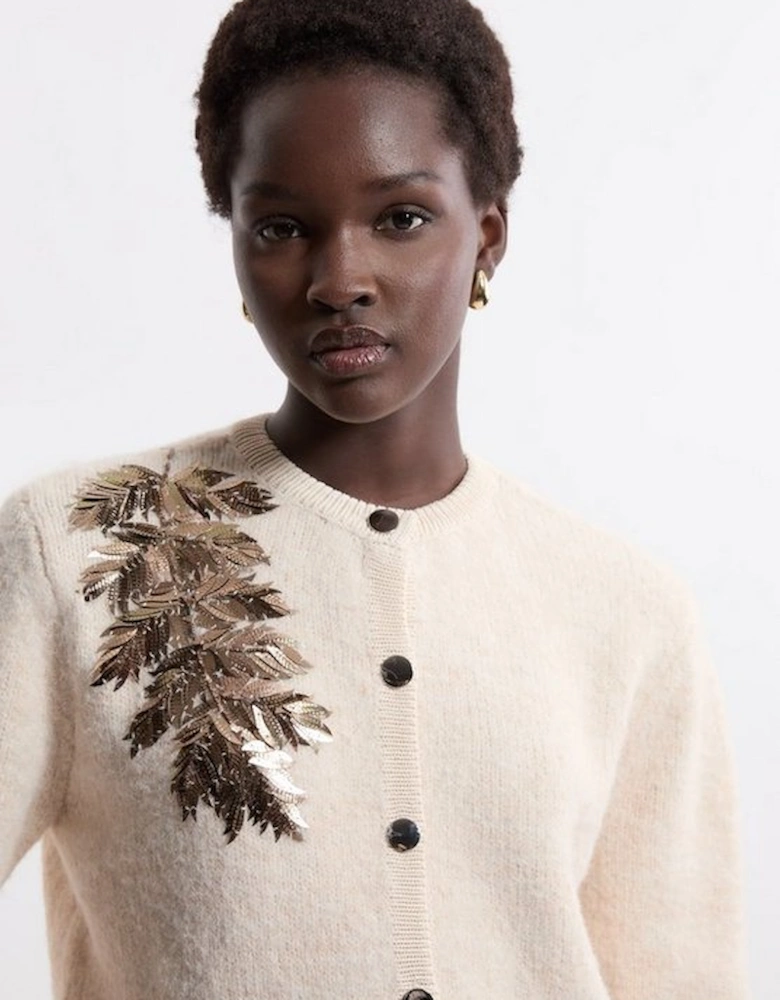 Wool Blend Knit Cardi With Placement Sequin Motif