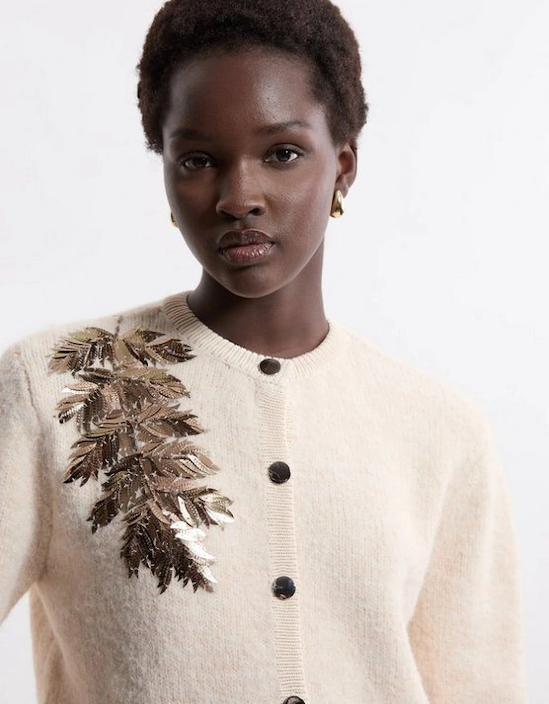 Wool Blend Knit Cardi With Placement Sequin Motif