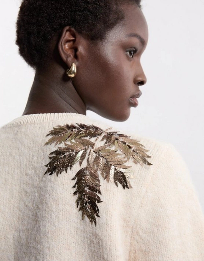 Wool Blend Knit Cardi With Placement Sequin Motif