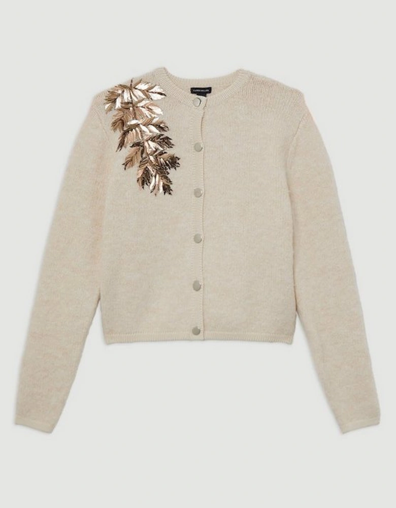 Wool Blend Knit Cardi With Placement Sequin Motif