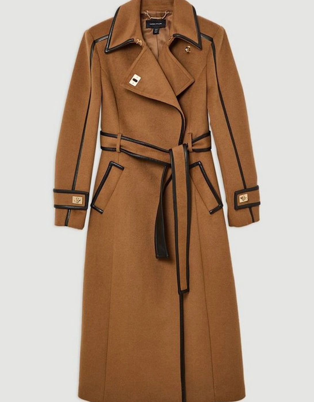 Brushed Wool Pu Trim Belted Tailored Double Breasted Midi Coat