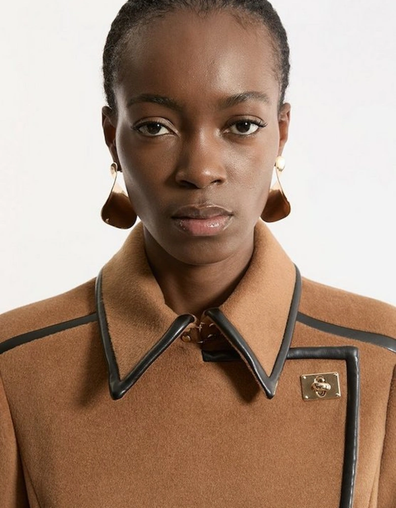 Brushed Wool Pu Trim Belted Tailored Double Breasted Midi Coat