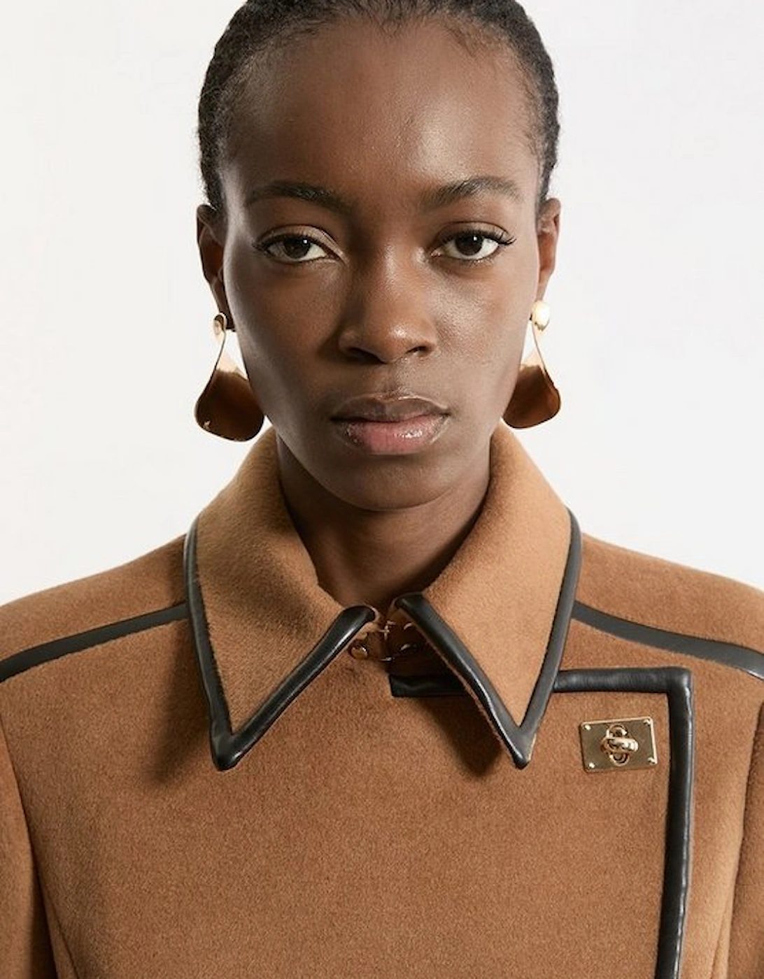 Brushed Wool Pu Trim Belted Tailored Double Breasted Midi Coat