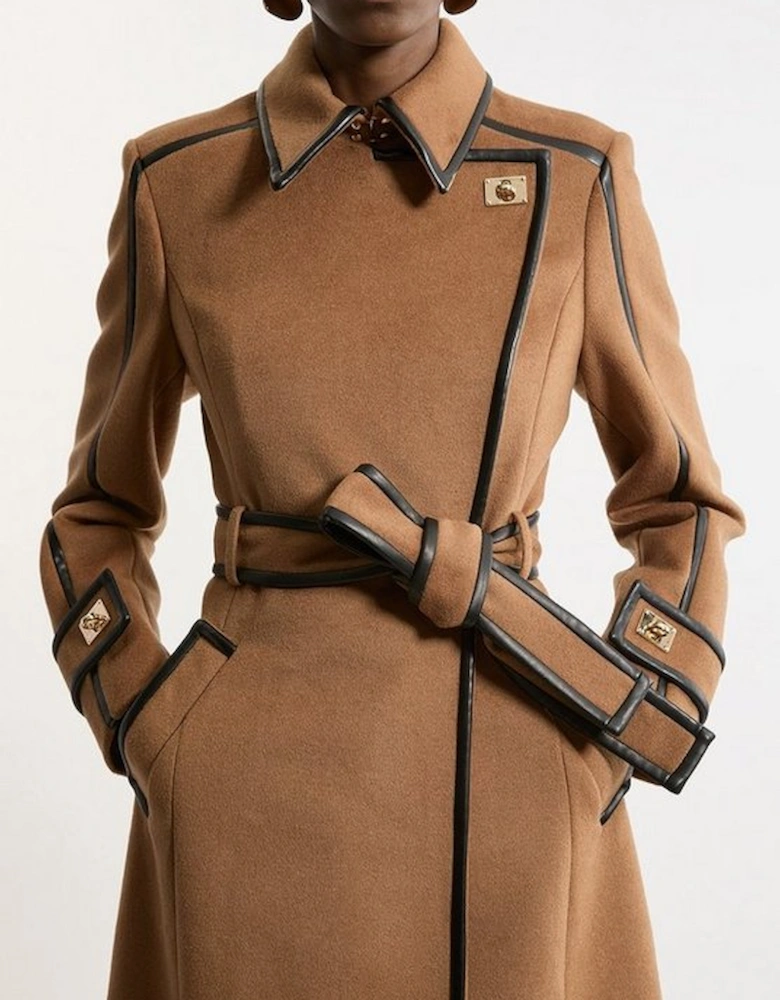 Brushed Wool Pu Trim Belted Tailored Double Breasted Midi Coat