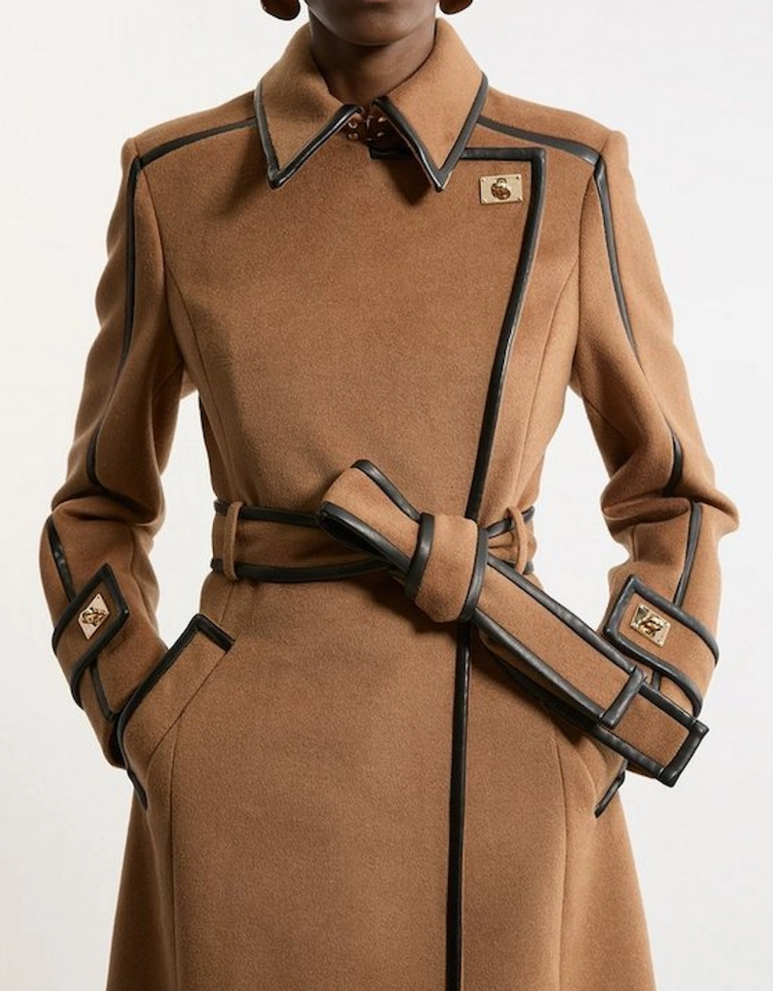 Brushed Wool Pu Trim Belted Tailored Double Breasted Midi Coat