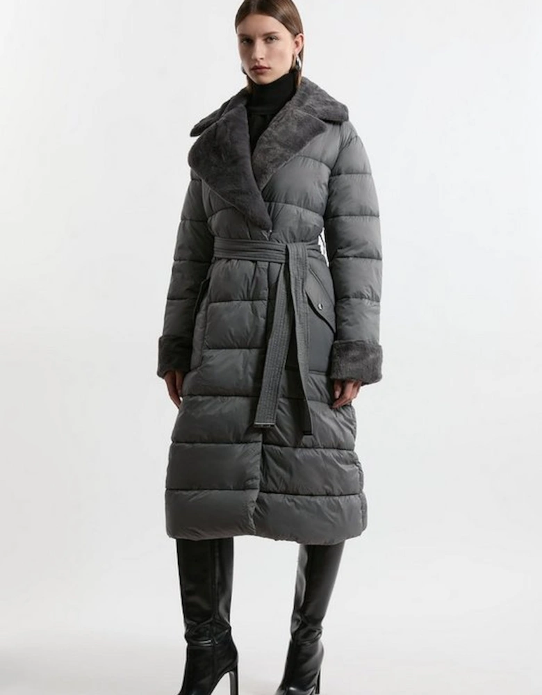 Faux Fur Lined Belted Longline Puffer Coat