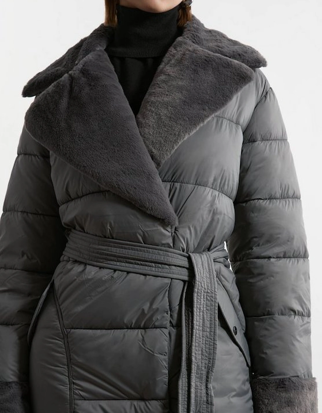 Faux Fur Lined Belted Longline Puffer Coat