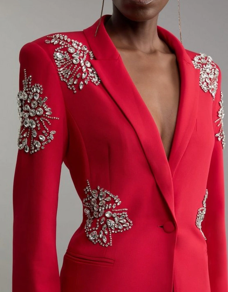 Crystal Embellished Tailored Single Breasted Longline Blazer