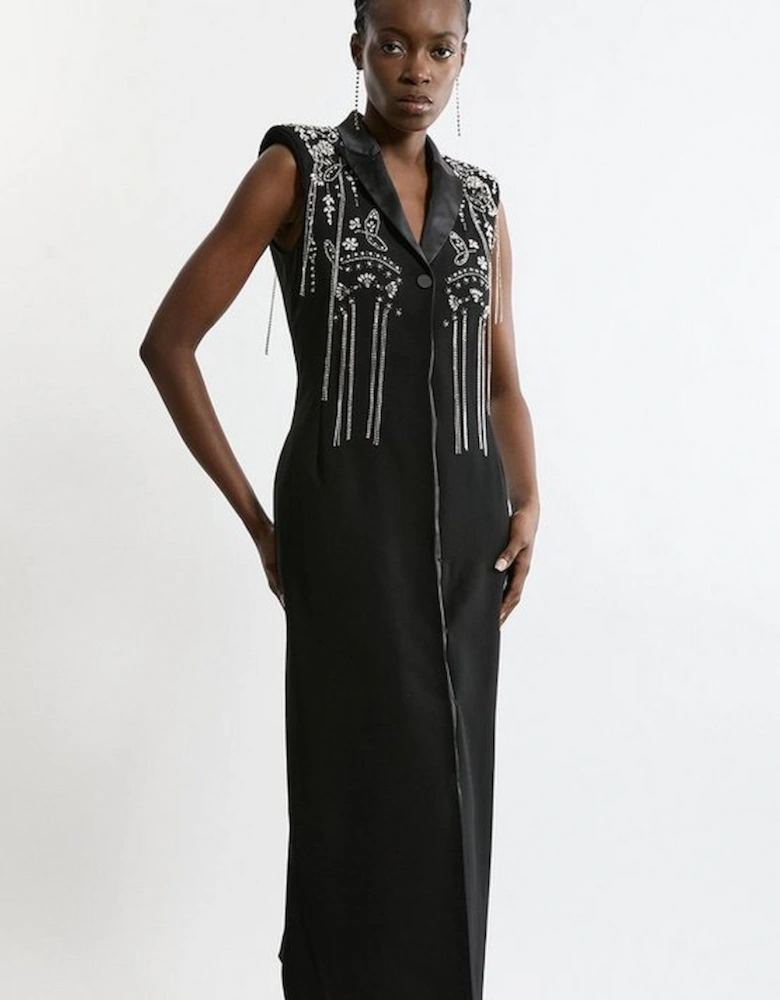 Embellished Detail Plunge Collared Woven Maxi Dress