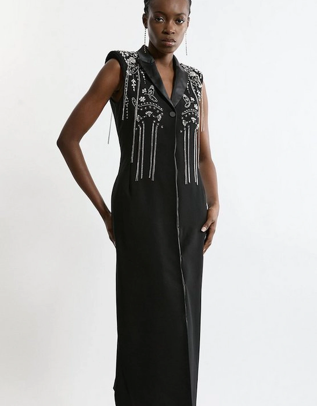 Embellished Detail Plunge Collared Woven Maxi Dress