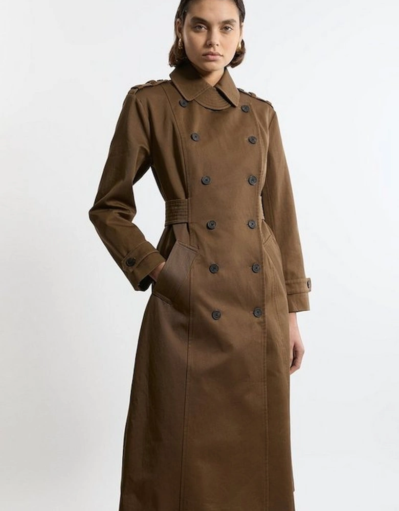 Cotton Double Breasted Military Tailored Midi Trench Coat