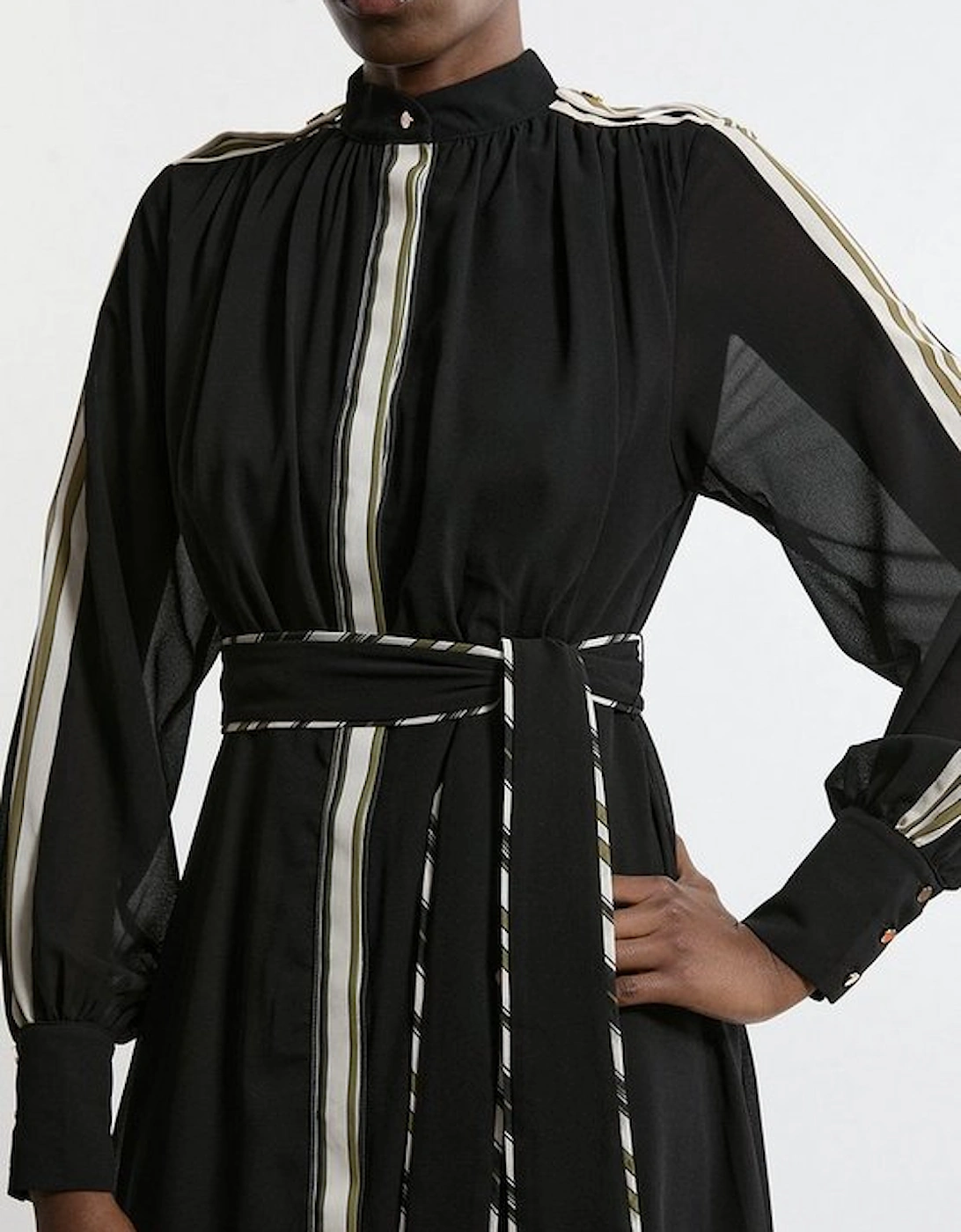 Military Mono Stripe Balloon Sleeve Maxi Dress